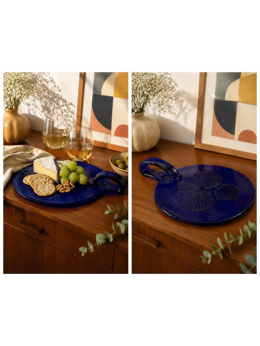 Vintage MCM Cobalt Blue Seashell Pressed Glass Serving Tray Charcuterie Board